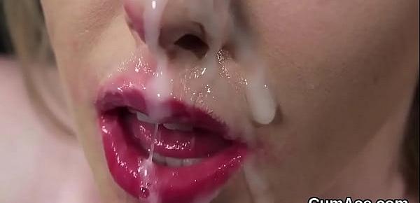  Hot hottie gets cumshot on her face gulping all the love juice